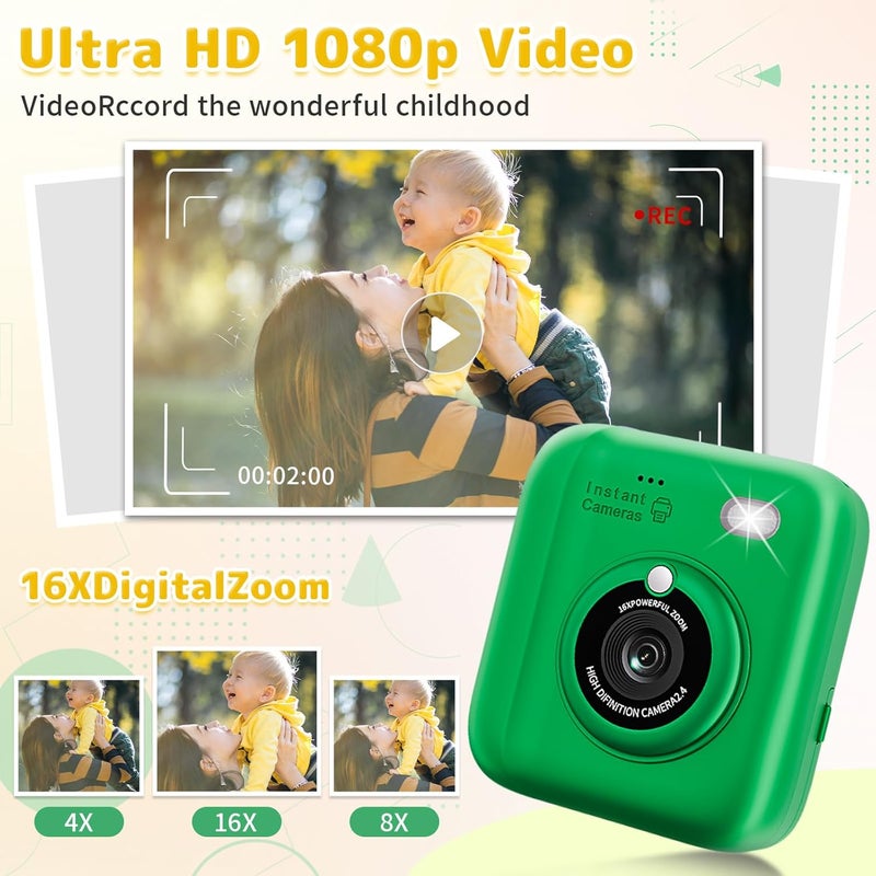 Yusuuo Instant Print Camera for Kids, Christmas Birthday Gifts for Girls Boys, 1080P Instant Digital Print Cameras for Toddler,Portable Toy for 4 5 6 7 8 9 10 Year Old Girl with 32GB SD Card，Green - Image 4